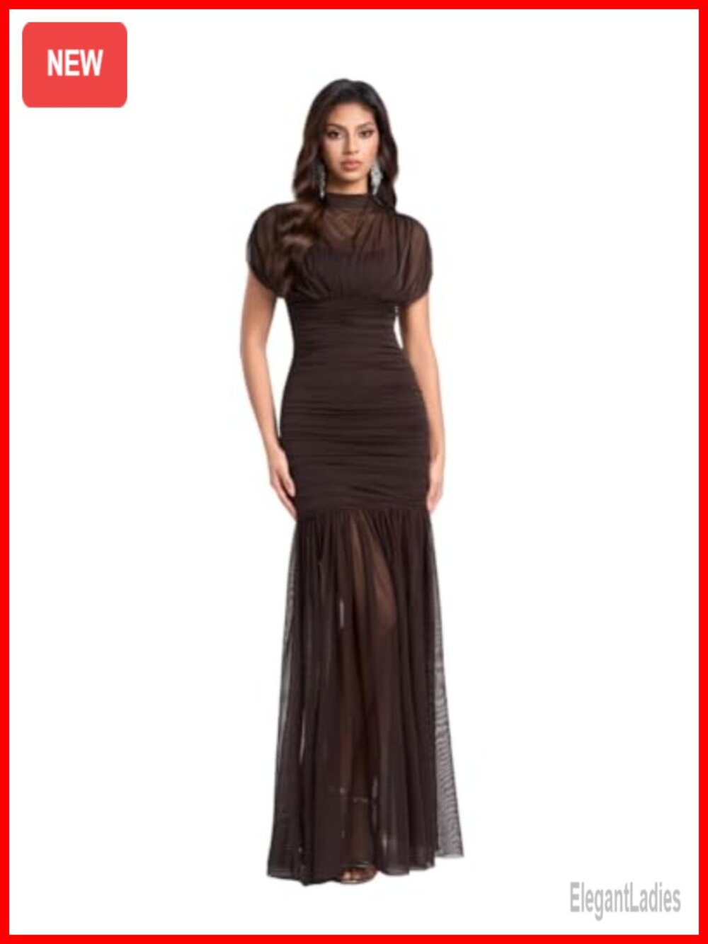 Womens Sheer Mesh Ruched Maxi Dress High Neck Short Sleeve Bodycon Formal